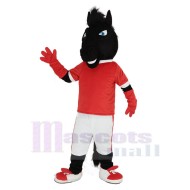 Cheval noir Costume de mascotte en maillot rouge Animal