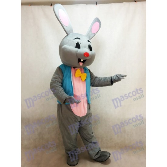 Easter Grey Bunny Rabbit Hare in Blue Vest Mascot Costume 