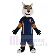 Lächelnder Fuchs im blauen Sporthemd Maskottchen Kostüm