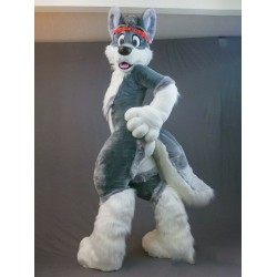 Gray Husky Dog Fursuit Mascot Costume with Red Headband