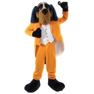 Costume de mascotte de chef d'orchestre élégant Rottweiler en costume orange