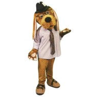 Costume de mascotte de chien marron en chemise blanche avec chapeau noir