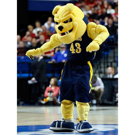 Fierce Yellow Bulldog Mascot Costume in Dark Blue Jersey