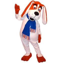 Costume de mascotte de chien rouge et blanc aux longues oreilles avec écharpe bleue