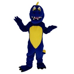 Costume de mascotte de dinosaure bleu foncé avec un ventre jaune