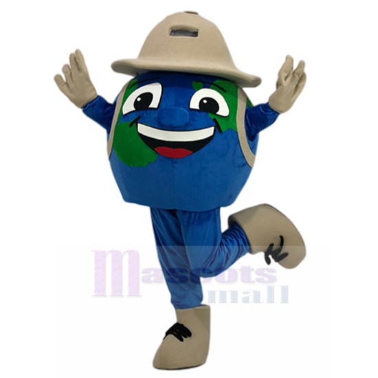 La tierra Globo Disfraz de mascota con traje de explorador Dibujos animados