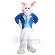 White Easter Bunny Mascot Costume in Blue Formal Suit Animal