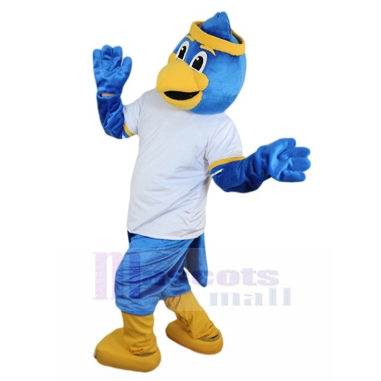 Sport Blue Bird Mascot Costume in White T-shirt Animal