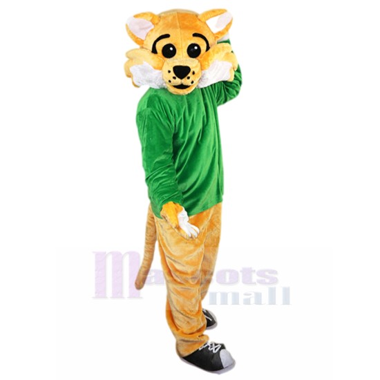 Gato montés naranja Disfraz de mascota en camisa verde Animal