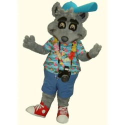 Gray Photographer Dog Mascot Costume with Blue Aloha Shirt Animal