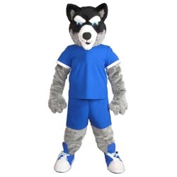  Black and Gray Husky Dog Mascot Costume in Blue Jersey Animal