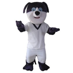 Friendly Black and White Dog Mascot Costume in White T-shirt Animal