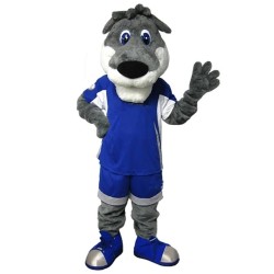 Costume de mascotte de chien gris en costume de sport bleu Animal