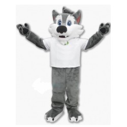 Smiling Gray Wolf Dog Husky Mascot Costume in White T-shirt Animal