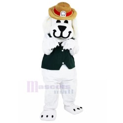 Smiling White Dog in Black Vest Mascot Costume with Brown Hat Animal