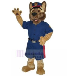 Costume de mascotte de chien de police de berger allemand marron en animal uniforme bleu
