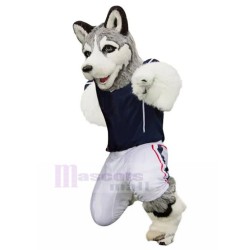 Costume de mascotte de chien husky gris poilu en jersey animal