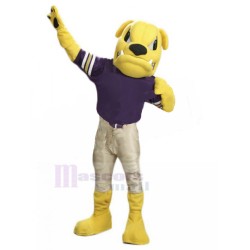 Fierce Yellow British Bulldog Mascot Costume in Beige Jeans Animal