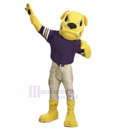 Fierce Yellow British Bulldog Mascot Costume in Beige Jeans Animal