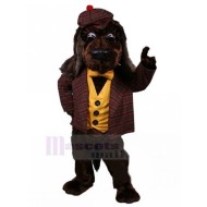 Dark Brown Dog Mascot Costume Animal in Wine Red Plaid suit