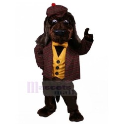 Dark Brown Dog Mascot Costume Animal in Wine Red Plaid suit