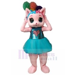 Pink Cat Mascot Costume Animal in Blue Dress