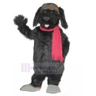 Costume de mascotte de chien pilote noir à fourrure avec animal écharpe rouge