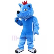 Disfraz de mascota de perro lobo deportivo azul con animal de corona roja