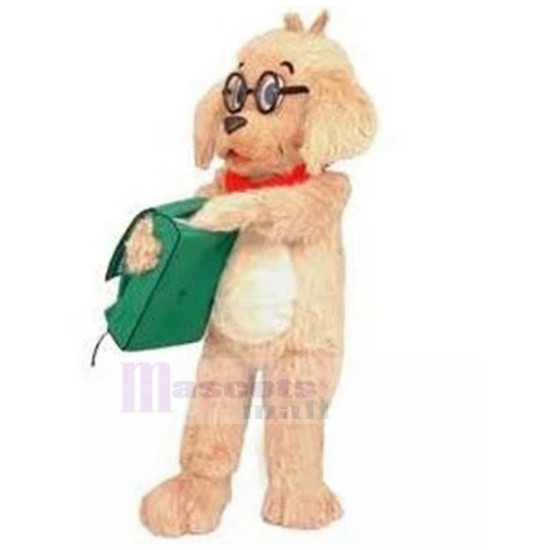 Learned Golden Retriever Dog Mascot Costume with Green School Bag Animal