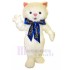 Hairy White Cat Mascot Costume with Blue Ribbon Animal