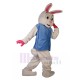 White Rabbit Mascot Costume in Blue Shirt Animal