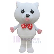 White Cat Mascot Costume with Red and White Bow Tie Animal