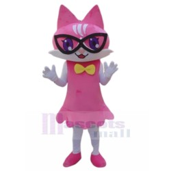 Pink Girl Cat Mascot Costume with Black Glass Animal