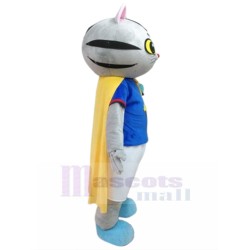 Grey Tabby Cat Mascot Costume with Yellow Cape Animal