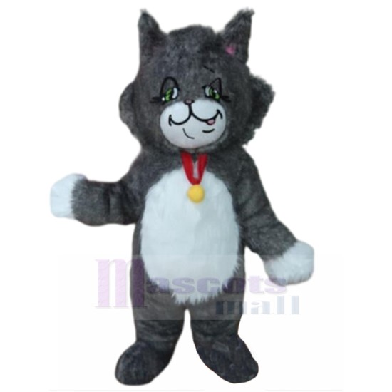 Long-haired Dark Grey Cat Mascot Costume with Bell Animal