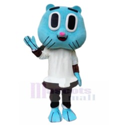 Happy Blue Cat Mascot Costume in White Shirt Animal