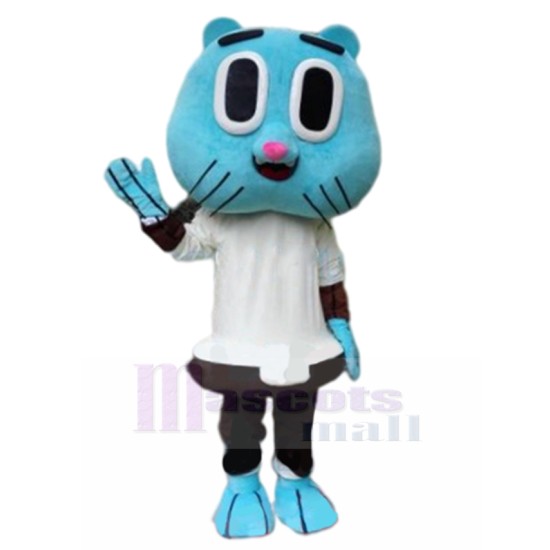 Happy Blue Cat Mascot Costume in White Shirt Animal