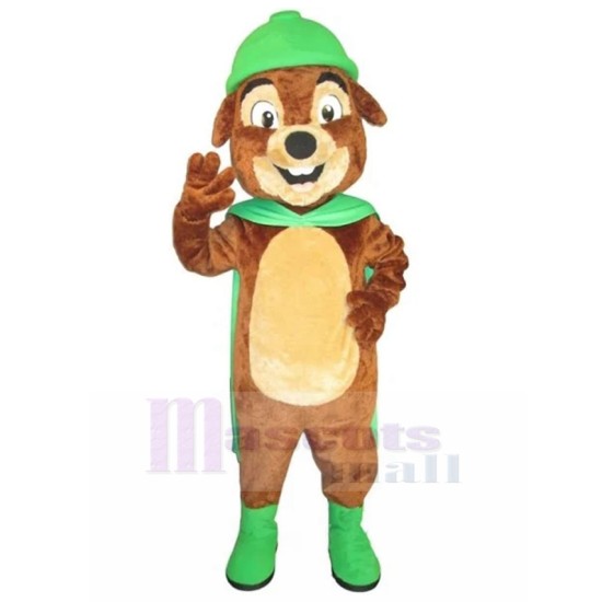 Happy Brown Dog Mascot Costume with Green Wearing Animal