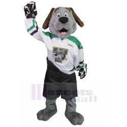 Smiling Grey Dog Mascot Costume in Goalkeeper Suit Animal