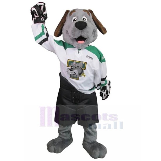 Smiling Grey Dog Mascot Costume in Goalkeeper Suit Animal