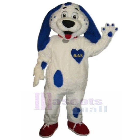 Long-eared White Dog Mascot Costume with Blue Spots Animal