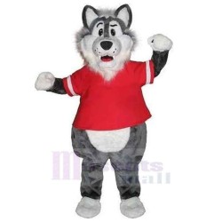 Gray Wolf Mascot Costume Animal in Red Sports T-shirt