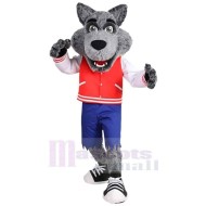 Happy College Gray Wolf Mascot Costume Animal in Red and White Clothes