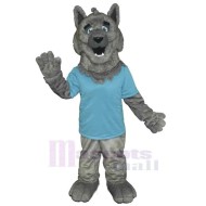 Waving Gray Wolf Mascot Costume Animal in Blue T-shirt