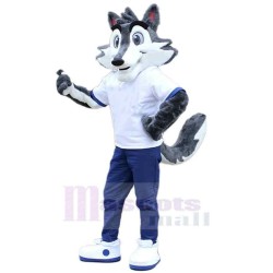 Lustiger schlanker Wolf Maskottchen Kostüm Tier im weißen T-Shirt