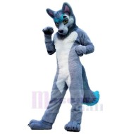 Grey and White Wolf Mascot Costume Animal with Blue Tail