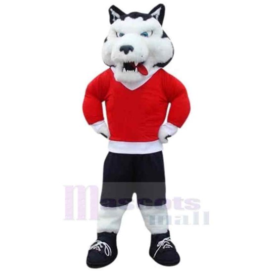 White Sport Wolf Mascot Costume Animal in Red Clothes