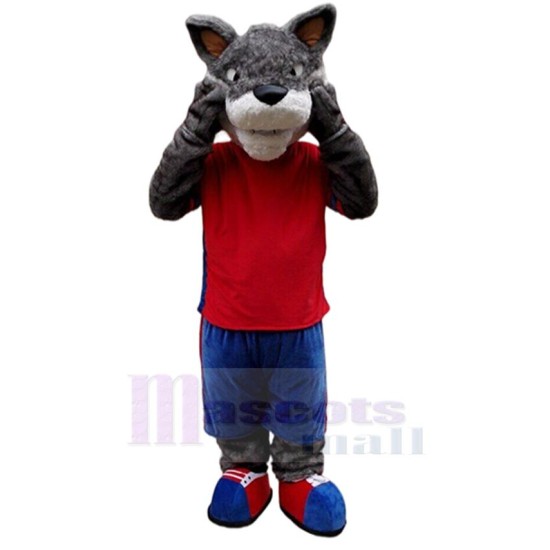 Plush Grey Wolf Mascot Costume Animal in Red Vest