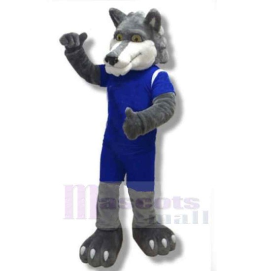 Power Grey Wolf Mascot Costume Animal in Blue Sportswear