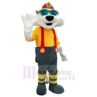 Fireman White Cat Mascot Costume with Green Glasses